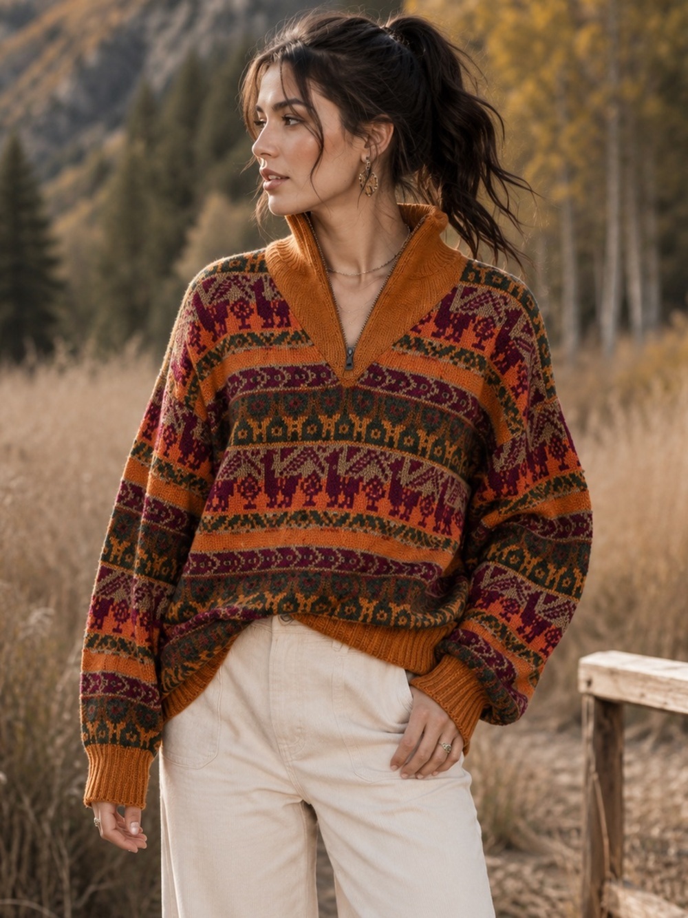 Vintage Alpaca Half Zip Fair Isle Sweater Rust Multicolor Boho Western Relaxed